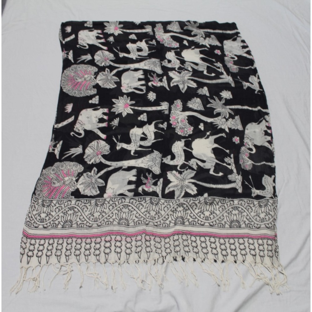 Elephant Scarf Wrap Shawl Black Pink Indian Boho Palm Tree Fringe 31x86